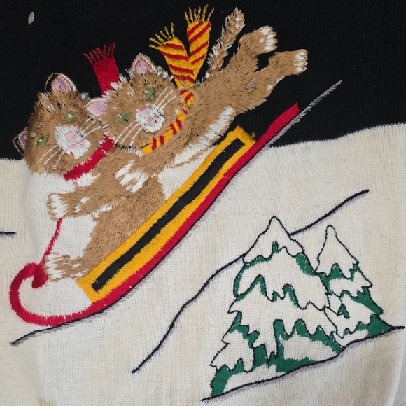 Playful Black and Cream Sweater with Sledding Cats - Picture 3 of 5